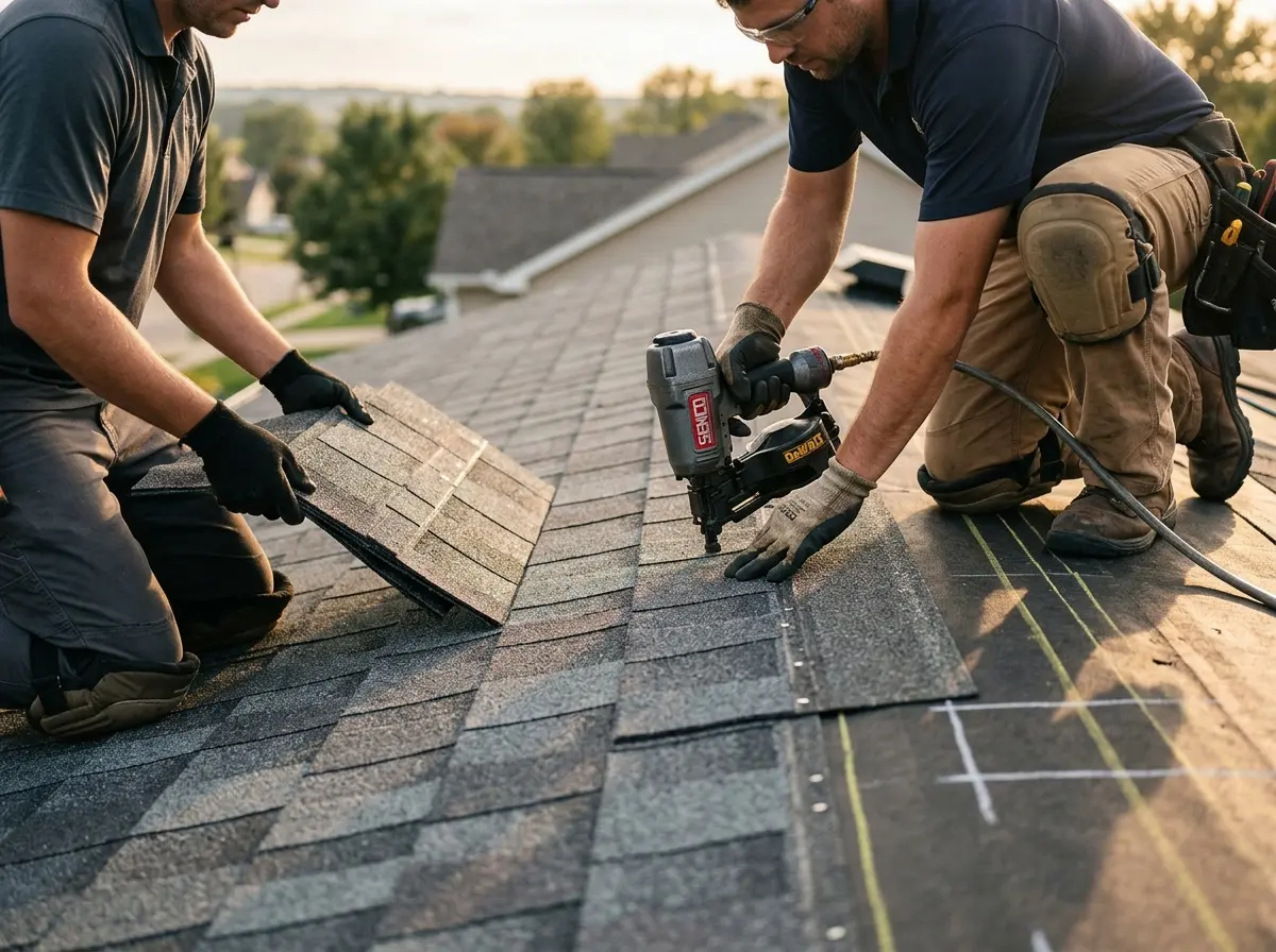 Professional roofer working on a residential roof in Van Buren